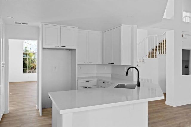 kitchen with white cabinetry, light wood-type flooring, kitchen peninsula, and sink