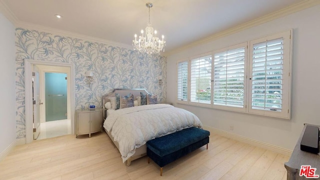 bedroom with light hardwood / wood-style floors, crown molding, and a notable chandelier