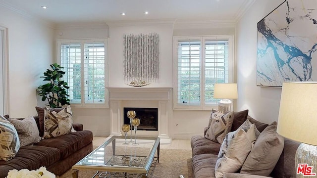 living room with crown molding