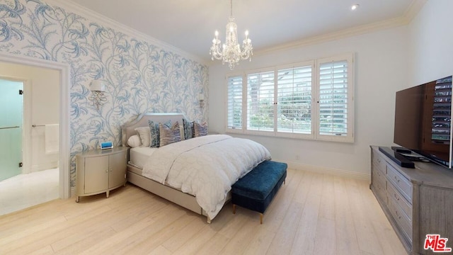 bedroom featuring light hardwood / wood-style flooring, a chandelier, and ornamental molding