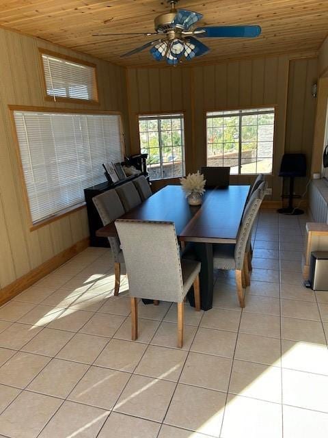 dining space with a wealth of natural light, wood walls, and wood ceiling