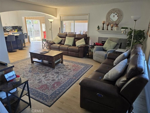 living room featuring light hardwood / wood-style flooring and a textured ceiling