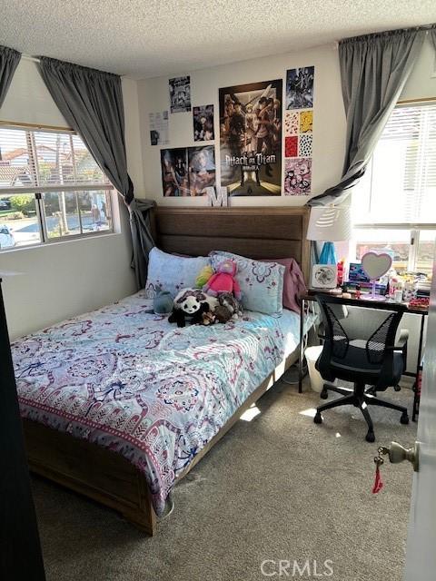 carpeted bedroom with a textured ceiling and multiple windows