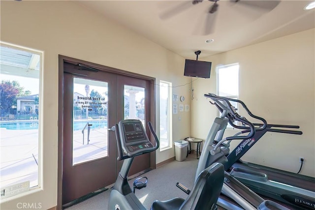 workout room featuring carpet flooring and ceiling fan