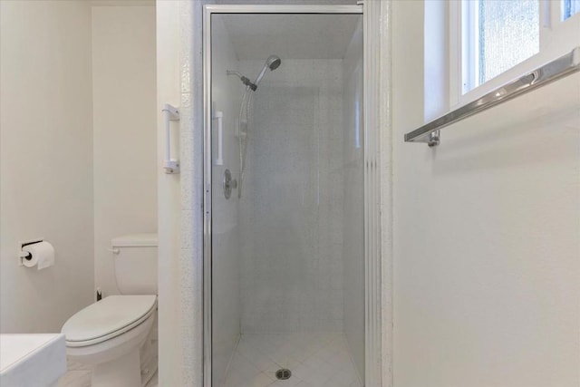 bathroom featuring toilet and a shower with door