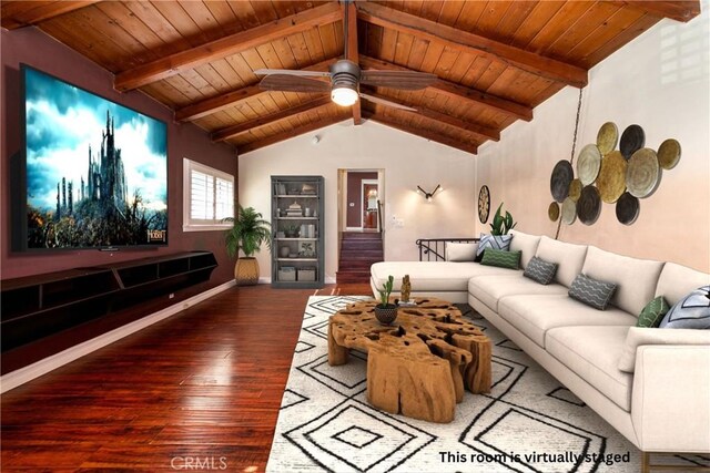 living room with ceiling fan, wood-type flooring, wood ceiling, and vaulted ceiling with beams