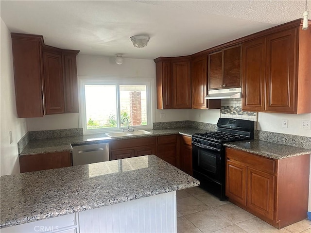 kitchen with sink, light tile patterned floors, stainless steel dishwasher, and black gas range oven