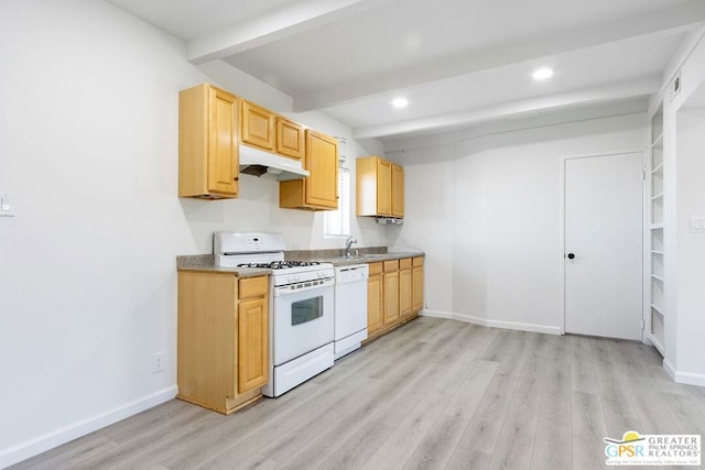 kitchen featuring light hardwood / wood-style floors, beam ceiling, sink, white appliances, and light brown cabinetry