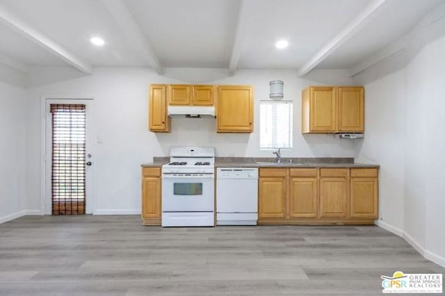 kitchen featuring white appliances, light brown cabinets, beamed ceiling, light hardwood / wood-style floors, and sink