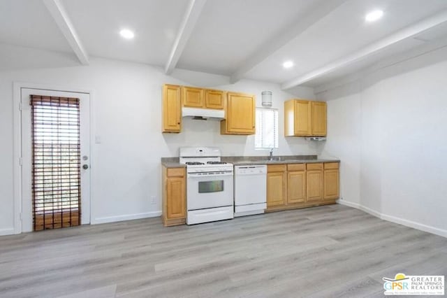 kitchen featuring beam ceiling, light hardwood / wood-style floors, plenty of natural light, and white appliances