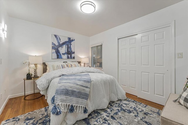 bedroom featuring wood-type flooring and a closet