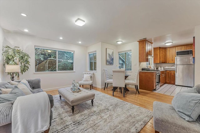 living room with plenty of natural light and light wood-type flooring