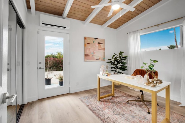 office area featuring a wall mounted air conditioner, lofted ceiling with beams, ceiling fan, light wood-type flooring, and wood ceiling