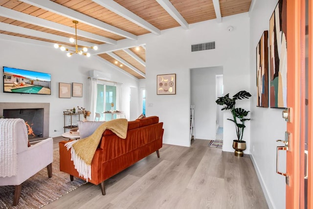 living room featuring lofted ceiling with beams, an inviting chandelier, wooden ceiling, and light hardwood / wood-style flooring