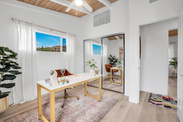 office area featuring beam ceiling, light hardwood / wood-style floors, ceiling fan, and wooden ceiling