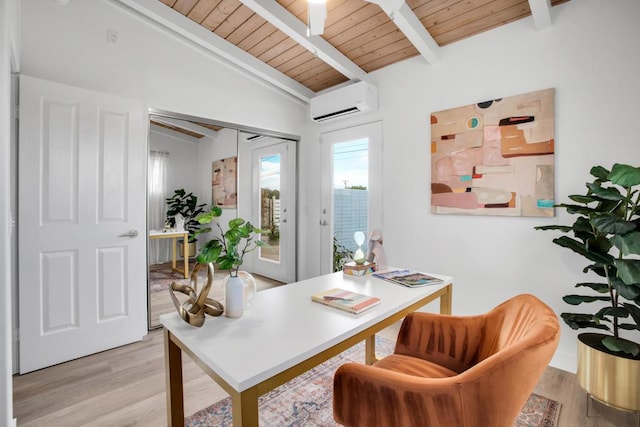 office with wood ceiling, a wall mounted AC, light hardwood / wood-style flooring, and lofted ceiling with beams