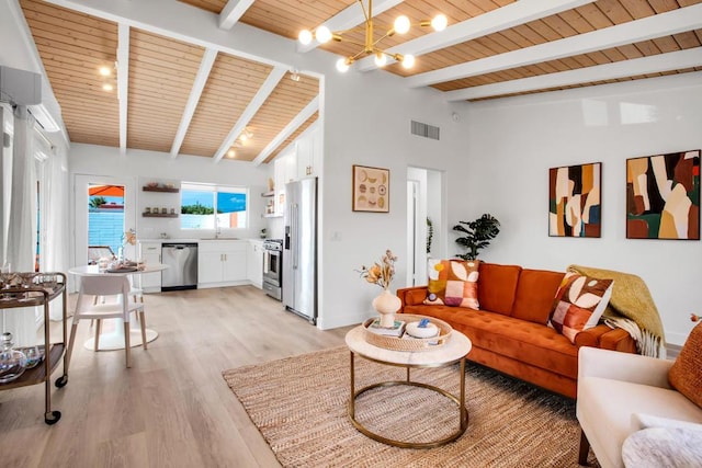 living room with a chandelier, lofted ceiling with beams, light hardwood / wood-style flooring, and wooden ceiling