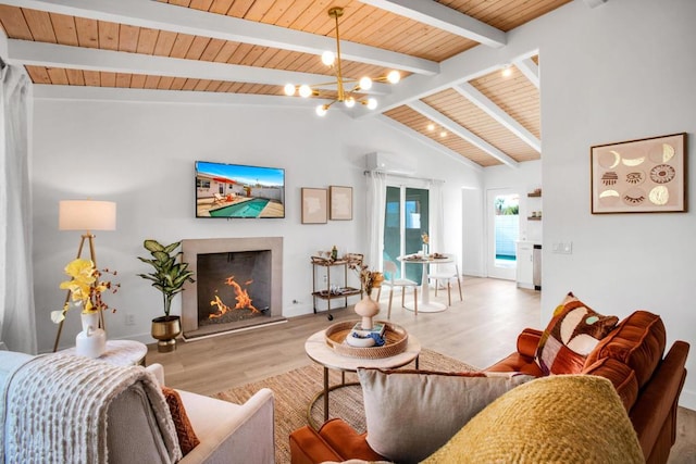 living room with high vaulted ceiling, light wood-type flooring, beam ceiling, wood ceiling, and a chandelier