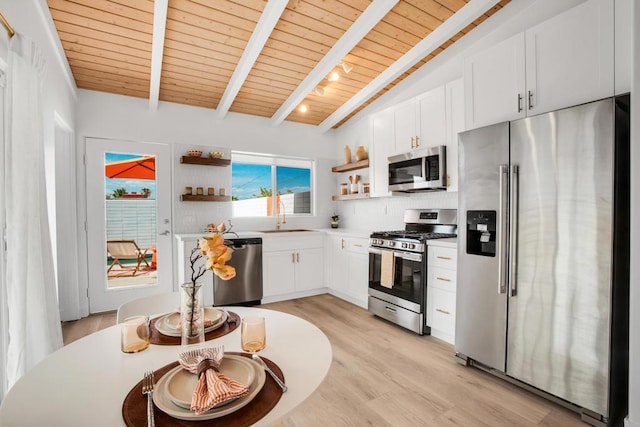 kitchen with appliances with stainless steel finishes, lofted ceiling with beams, light hardwood / wood-style flooring, wooden ceiling, and white cabinetry