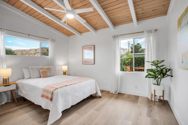 bedroom with wooden ceiling, vaulted ceiling with beams, ceiling fan, light wood-type flooring, and multiple windows