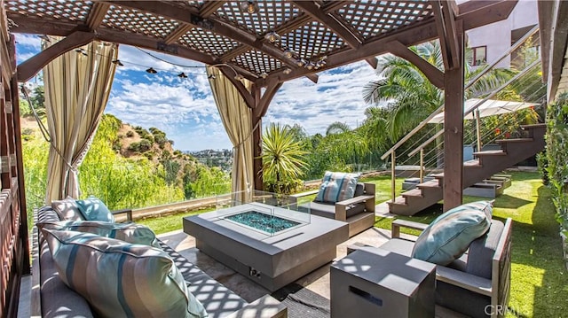 view of patio featuring an outdoor living space with a fire pit and a grill