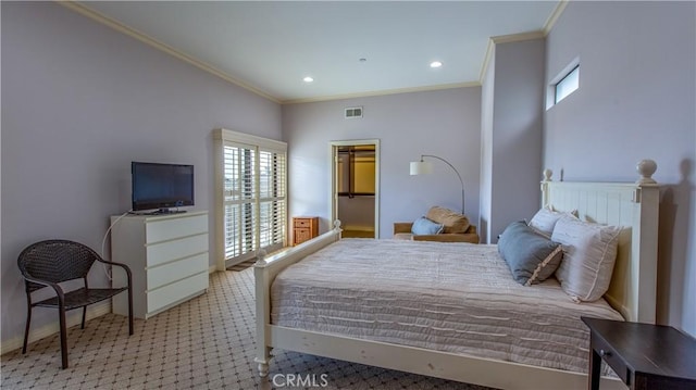 carpeted bedroom featuring a spacious closet and crown molding