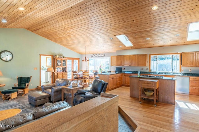 living room with a skylight, sink, high vaulted ceiling, wood ceiling, and light wood-type flooring