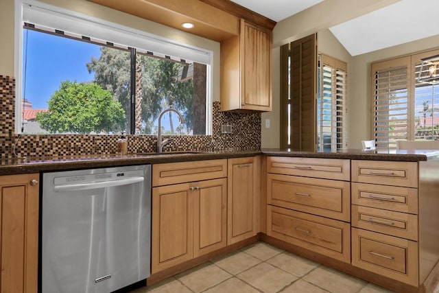 kitchen featuring stainless steel dishwasher, decorative backsplash, a healthy amount of sunlight, and sink