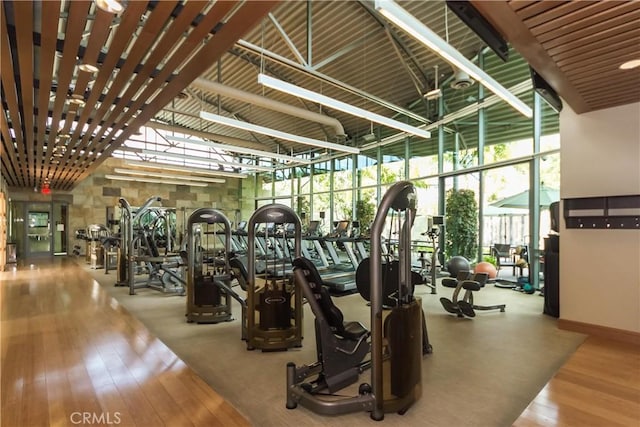 workout area featuring a high ceiling and hardwood / wood-style flooring