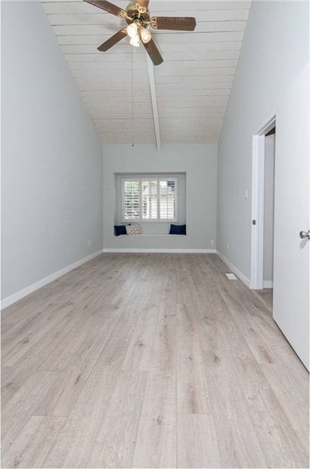 unfurnished living room with ceiling fan, light hardwood / wood-style flooring, and vaulted ceiling with beams