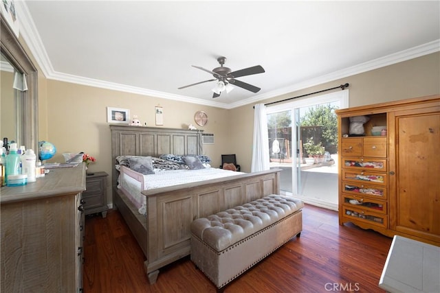 bedroom featuring dark hardwood / wood-style floors, ceiling fan, and ornamental molding