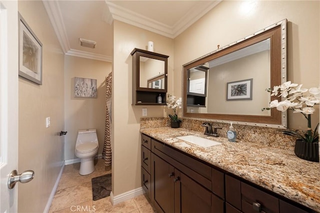 bathroom featuring vanity, toilet, ornamental molding, and decorative backsplash