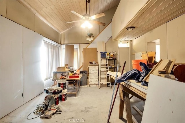 basement featuring ceiling fan and wood ceiling