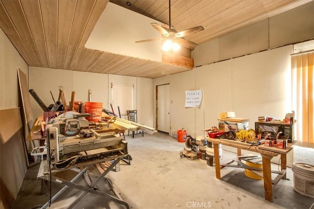 misc room featuring ceiling fan, concrete flooring, and wood ceiling