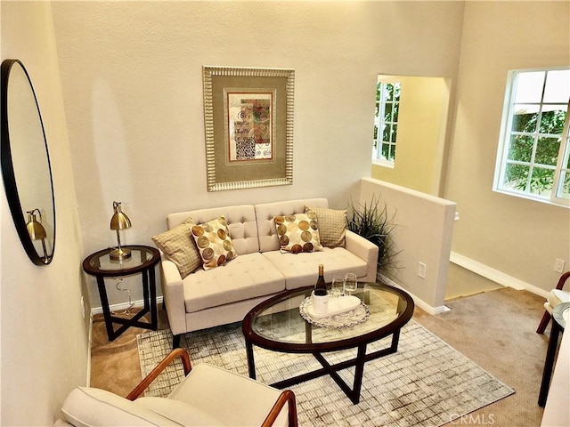 living area with carpet floors and baseboards