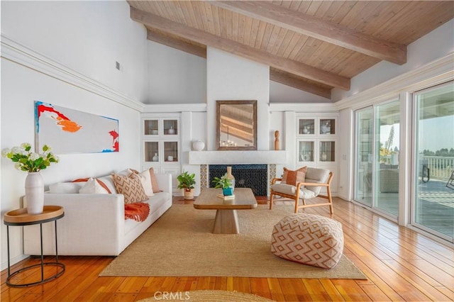 living room featuring hardwood / wood-style flooring, high vaulted ceiling, beam ceiling, and wooden ceiling