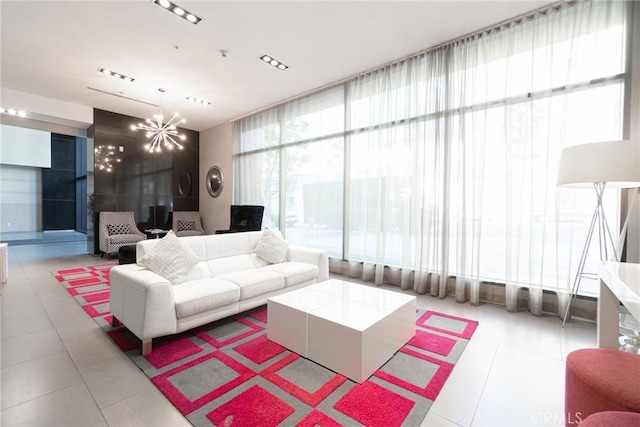 living room featuring an inviting chandelier