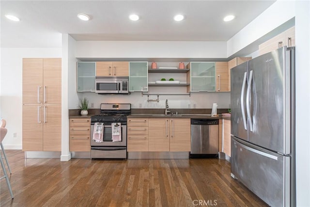 kitchen featuring sink, light brown cabinetry, dark wood-type flooring, and appliances with stainless steel finishes