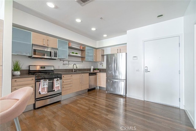 kitchen with light brown cabinets, sink, stainless steel appliances, and dark wood-type flooring