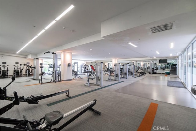 workout area featuring light colored carpet