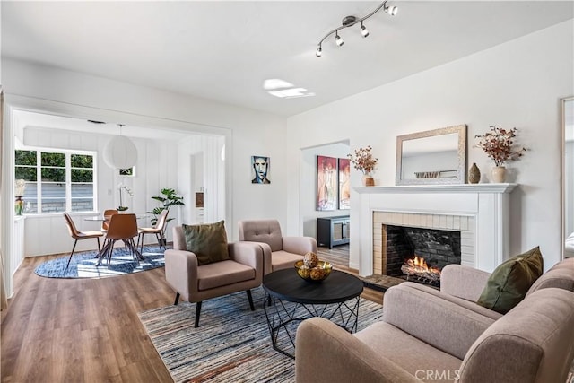 living room featuring a brick fireplace and hardwood / wood-style flooring