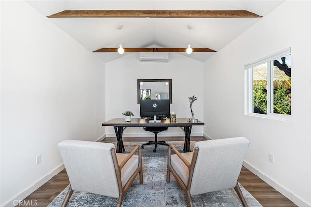 office space featuring a wall mounted air conditioner, dark hardwood / wood-style flooring, and vaulted ceiling with beams