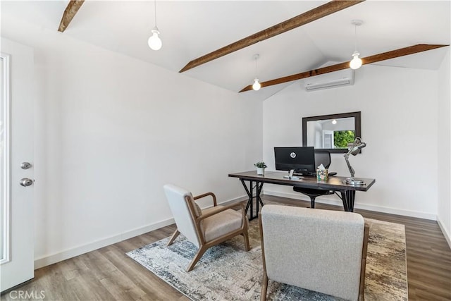 office space featuring wood-type flooring, vaulted ceiling with beams, and a wall unit AC