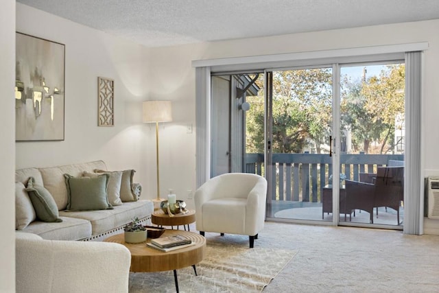 carpeted living room featuring a textured ceiling