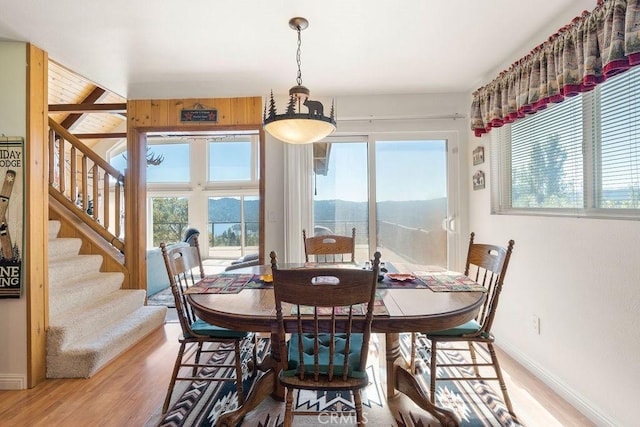 dining room with a mountain view and light wood-type flooring