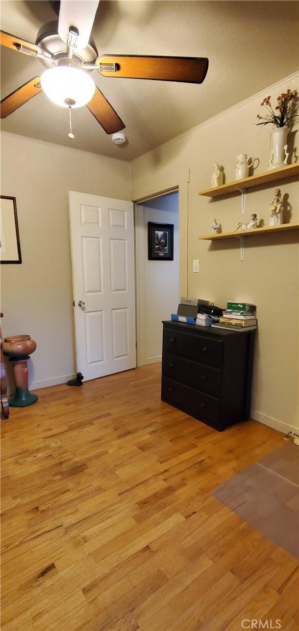 interior space with ceiling fan, baseboards, and light wood-style floors