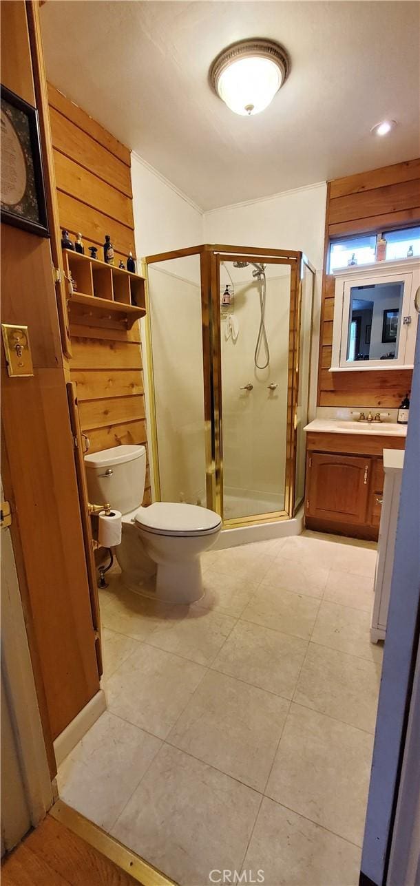 bathroom featuring toilet, a stall shower, and vanity