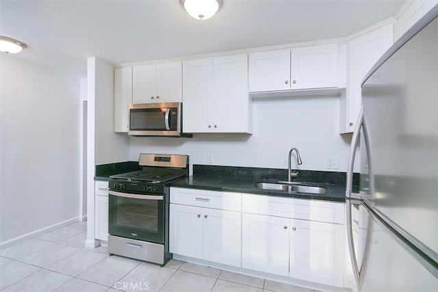 kitchen featuring white cabinets, appliances with stainless steel finishes, sink, and light tile patterned flooring