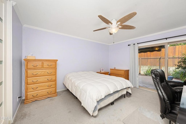 bedroom featuring ceiling fan, access to exterior, carpet floors, and crown molding