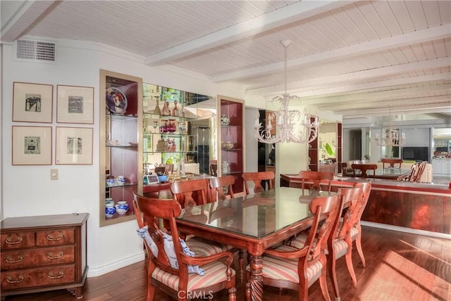 dining room featuring hardwood / wood-style floors, wooden ceiling, a notable chandelier, and beam ceiling